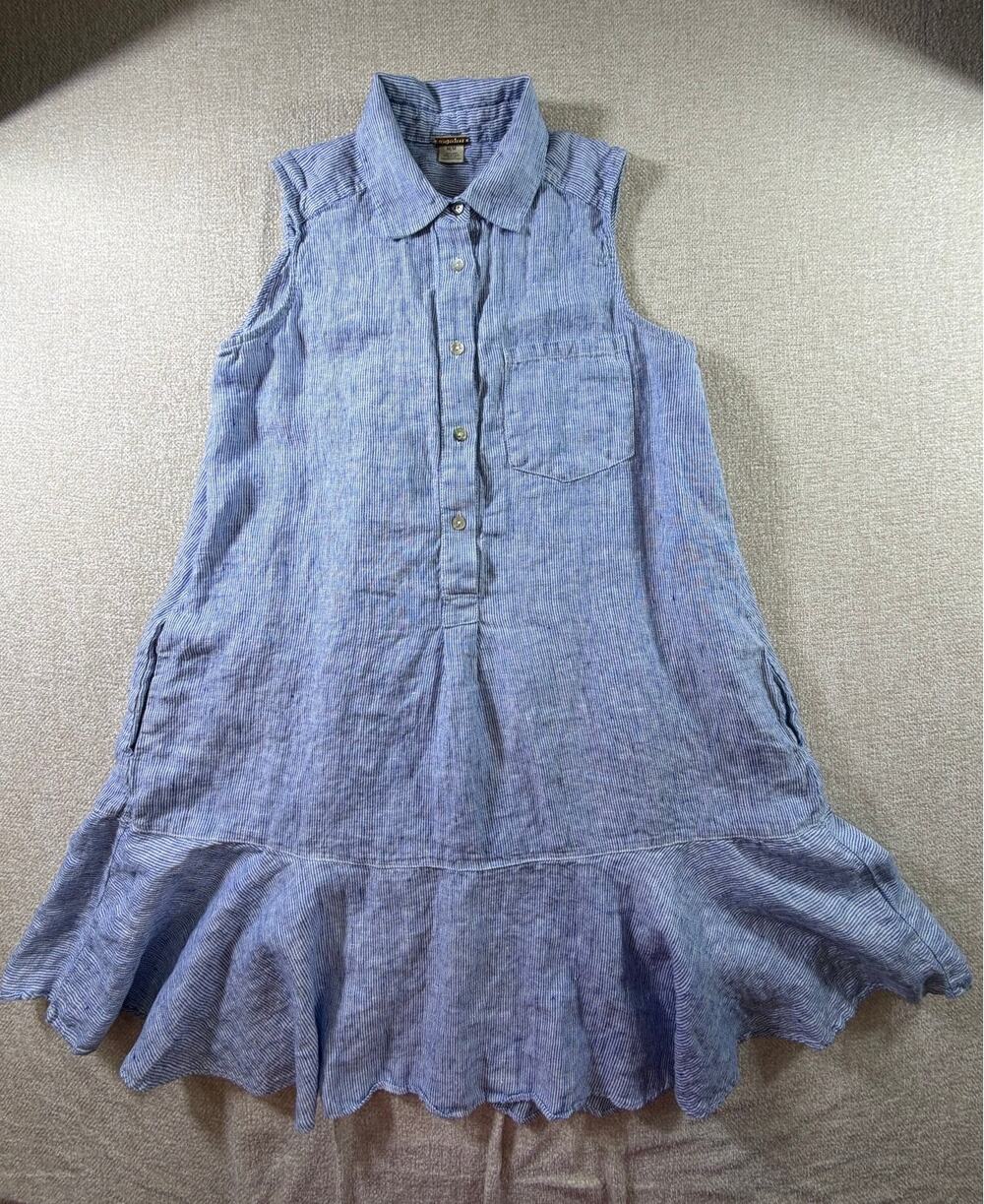 Magaschoni Women Medium Blue White Striped Linen Sleeveless Sundress Casual